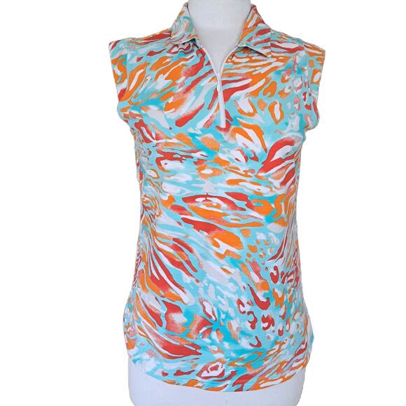 IBKUL ICIKULS Sleeveless Cooling Polo Top Large Blue Orange Animal Print Tennis - Picture 1 of 6